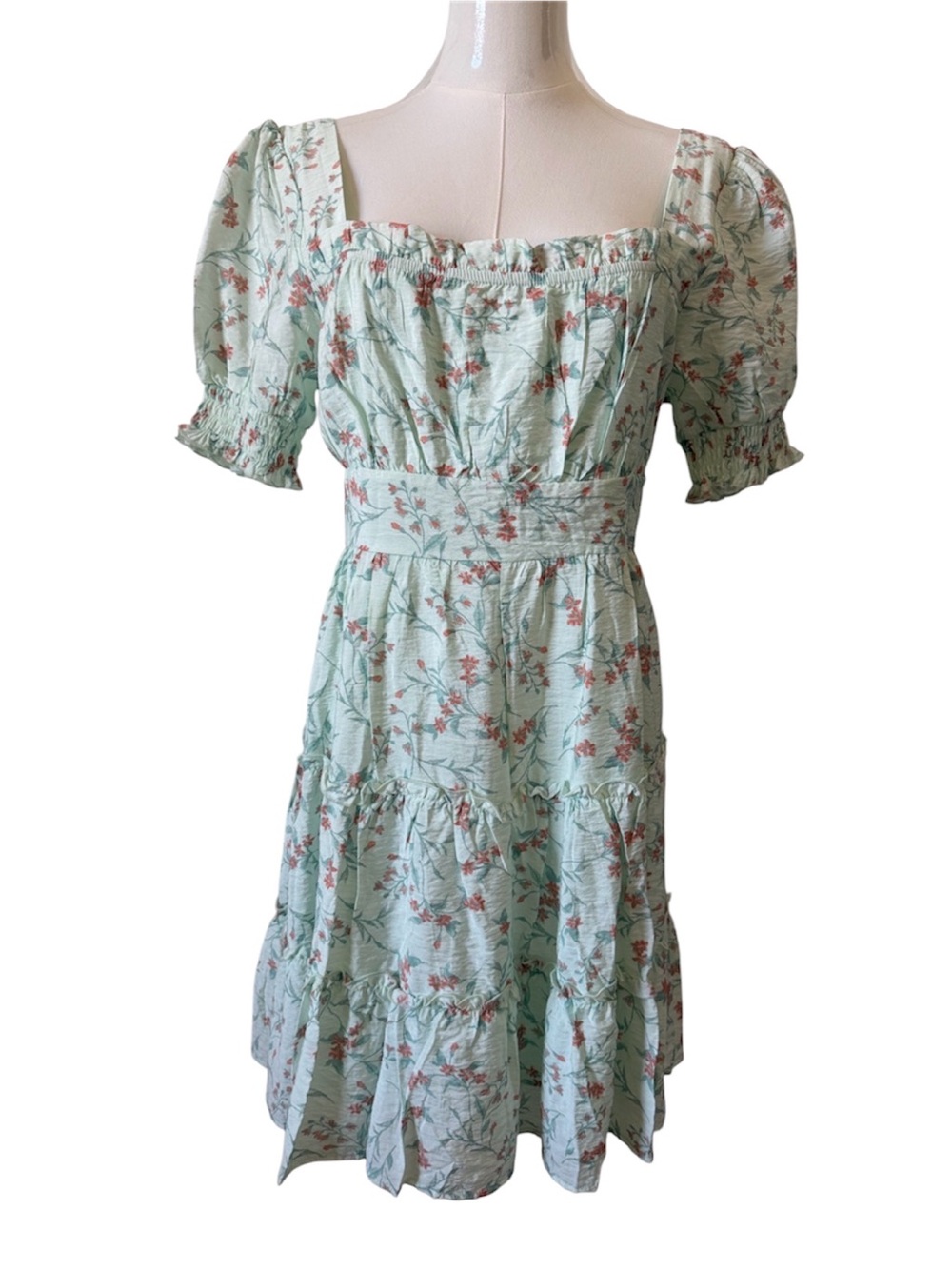 Mine Floral Puff-Sleeve Tiered Midi Dress in Mint Size L Coquette Milkmaid